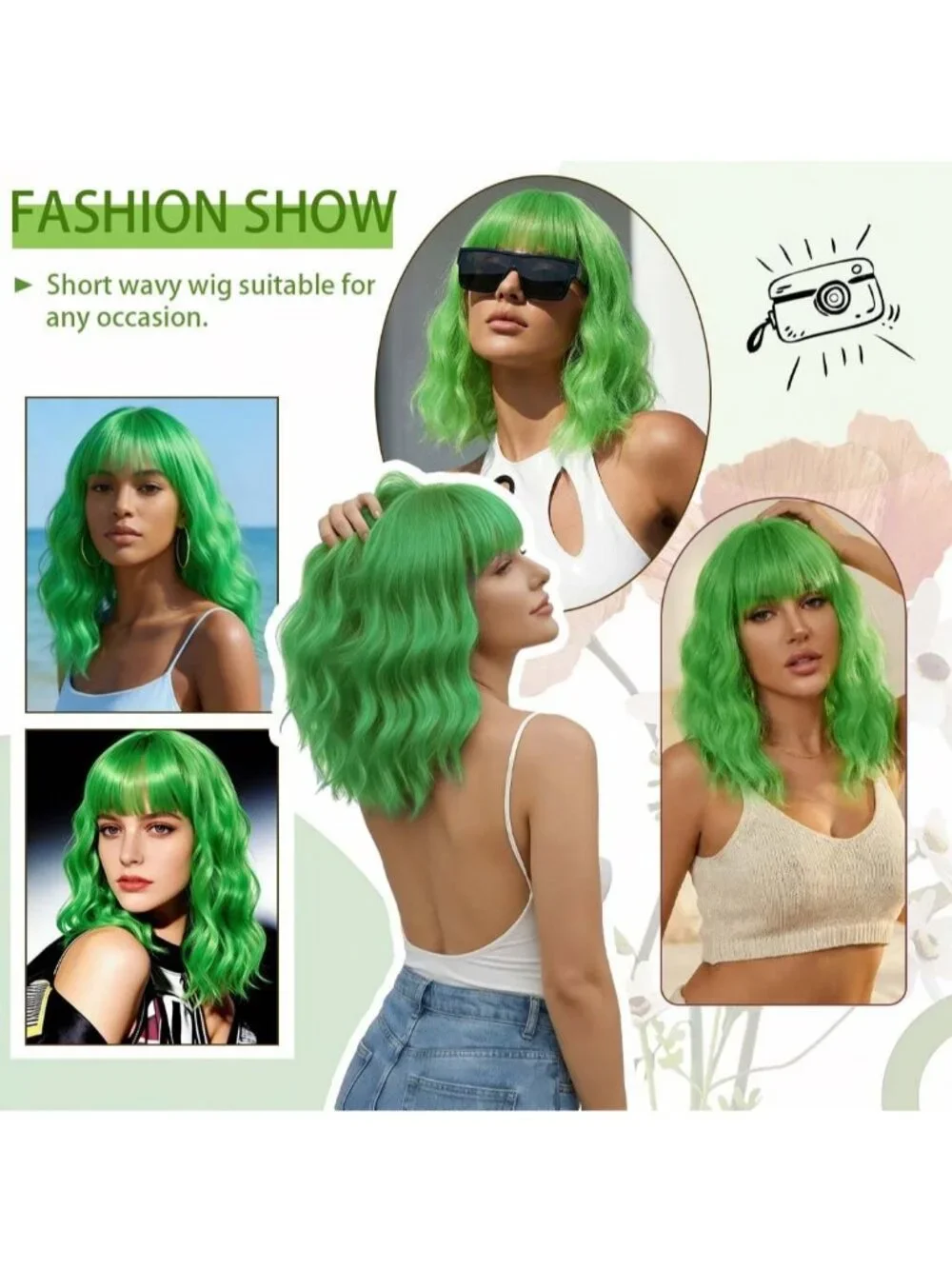Women's Grass Green 14 Inch Short Shoulder Length Synthetic Bangs Wavy Bob Wig